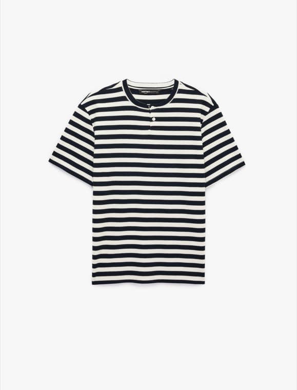 Regular Fit Kısa Kollu Düğmeli Henley Yaka Çizgili Tişört — 3